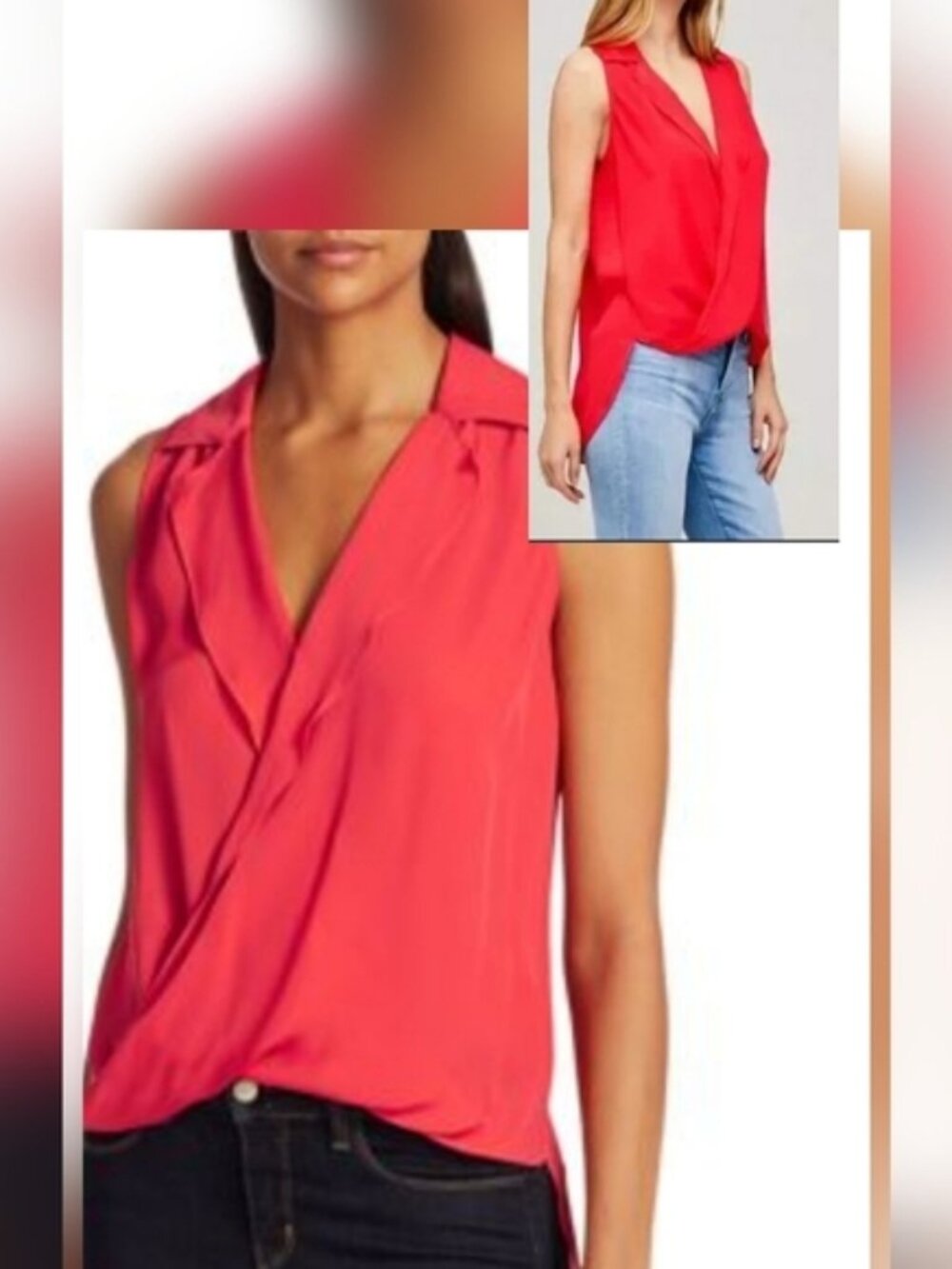 L'AGENCE SZ XS Freja Draped Silk Blouse Sleeveless 100% Silk Red Collared